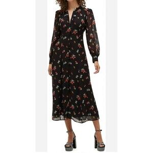 NWT Hill House Women's Black Midi Cindra Dress Abstract Floral Button Up Large